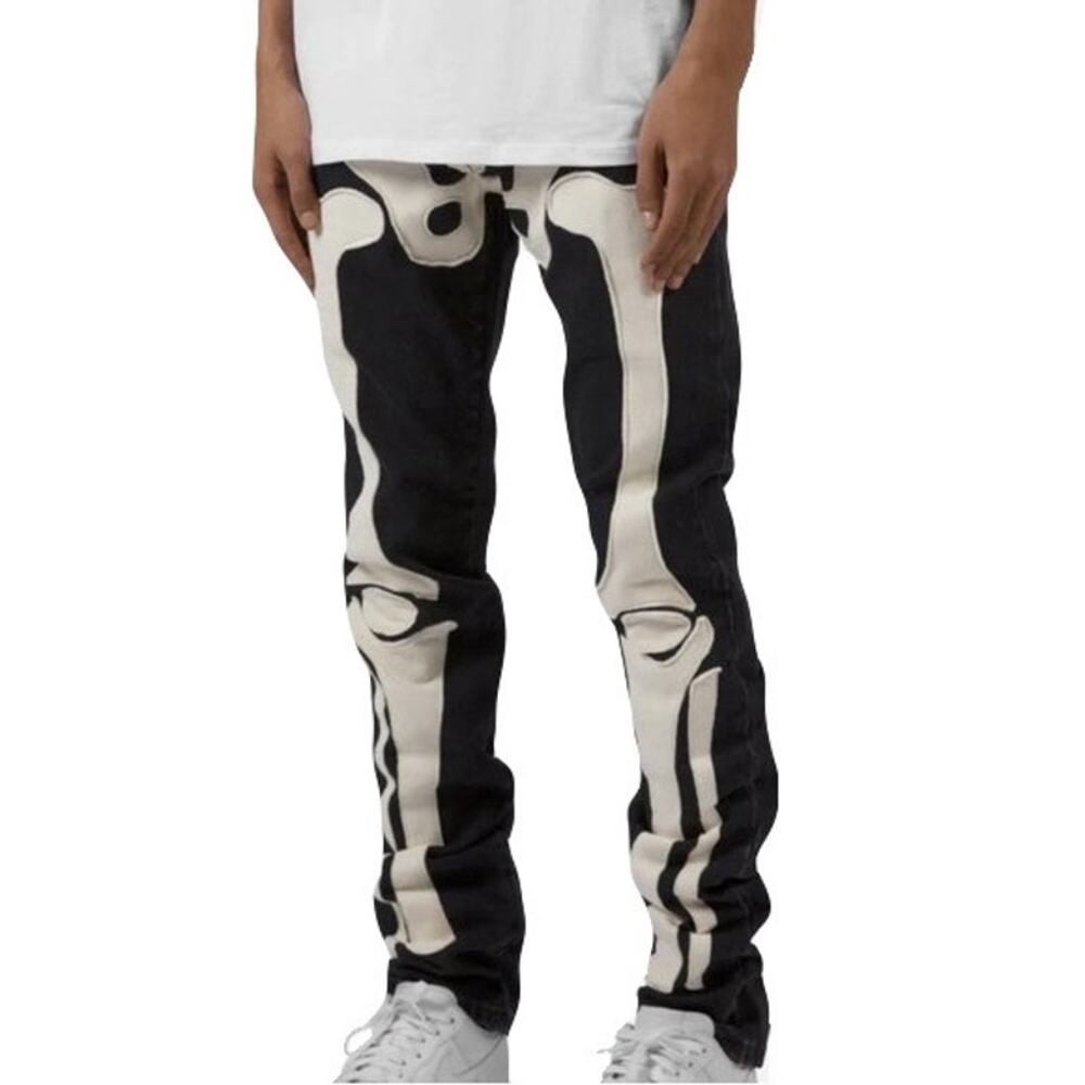 MNML Jeans 34 Black Skeleton-White-Patch 5-Pockets Straight-Leg Button-Fly